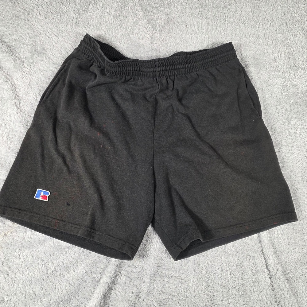 Russell Athletic Shorts XXL Black Distressed Cotton Blend Jersey Vintage Gym